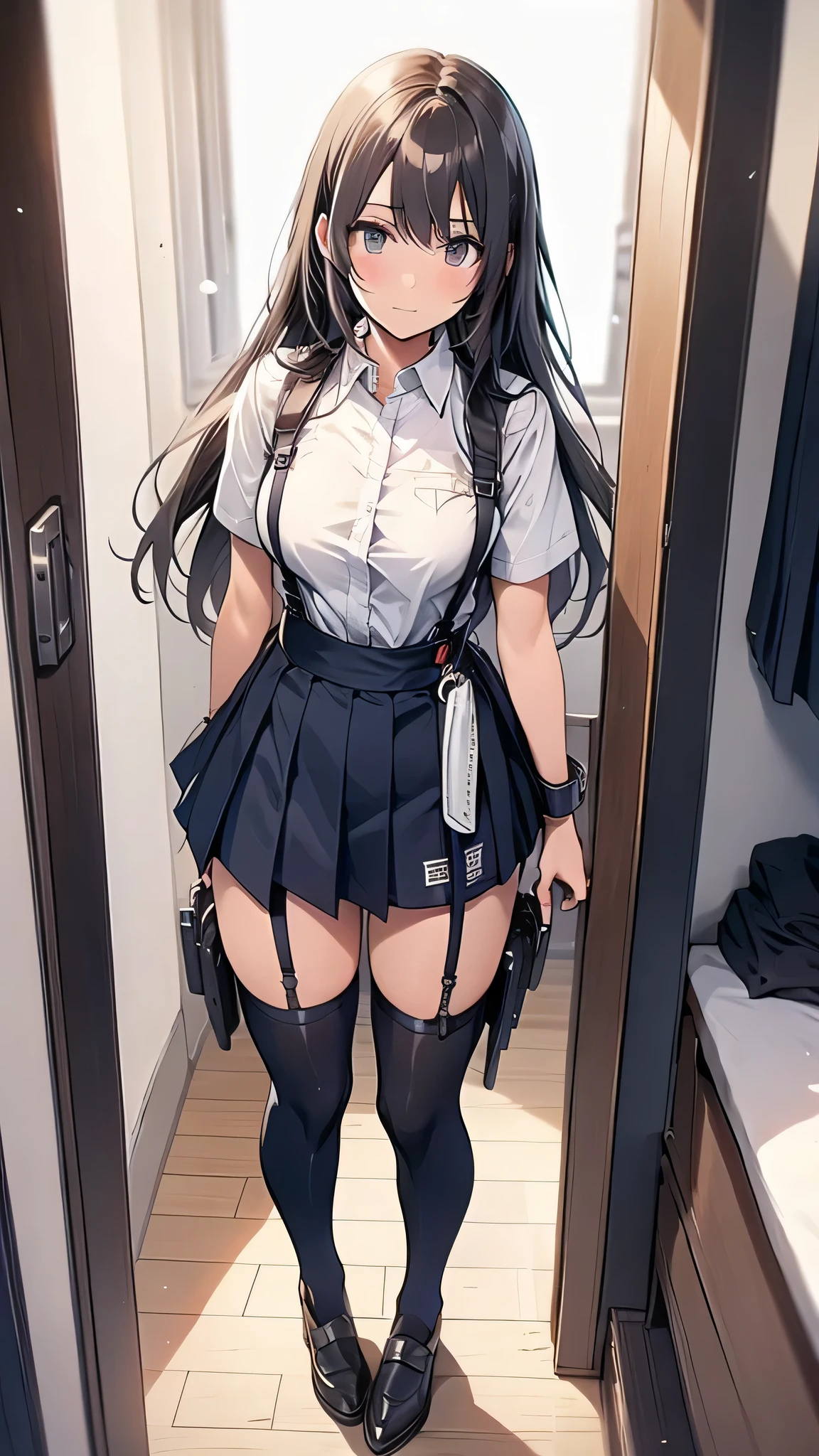 high quality、２０generation((whole body、woman、Yellow Eyes、Black and white long hair、Short shirt with a hem、Black gloves、Belt with holster、stomach、I have a pen、A long black skirt that shows off your legs、Skirt flip、Purple ribbon、White underwear、Panties in full view、Clothes are not taken off、Erotic、Black Military Boots))  background((Whiteboard)) Written boundary depth、Visual Arts、high resolution、beautiful
