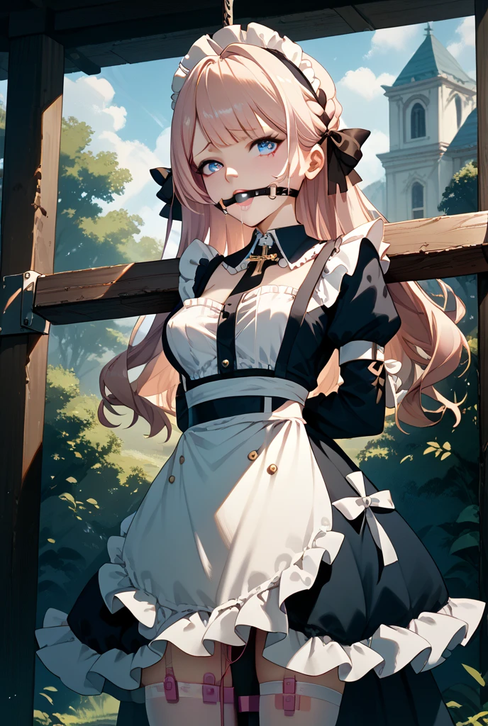 Shiny blond hair, very long hair, sophisticated haircut, ((((hair fully braided)))), ((small twisted braids)), thin and oval face, submissive, (((gagged))), ((((very cute maid girl)))), ((((very cute black maid dress)))), ((((cute waitress serving a blond man)))), cute and blushing 18 years old anime girl, look away because she is embarrassed and blushes, bright blue eyes, detailed face, detailed members, detailed arms, detailed hands, ((((sparkling diamond jewelry)))), tiara, ((makeup)), high heels, puffy sleeves, long gloves, long eyelashes, maid costume, maid dress, maid girl, Girl lying, tied by ropes, shackled, can no longer move, tied tightly, very hard tied up with lots of ropes, hampered by so many ropes that she can no longer move, bound hands and feet, ropes tie his whole body, tied extremely tightly and forcefully to her bed by a lot of ropes, its limbs are strongly tied together by ropes, his torso is tied up with thick cords, her chest is so tied up with ropes that it sticks out, her legs are tied tightly with thick ropes, his hands are tied behind his back with ropes, she can no longer move her feet, her hands which are tied by thick ropes, she desperately tries to free herself, likes to be tied tight with big ropes, likes to be immobilized by big ropes, lying down, his hands and feet are strongly tied to the railing of his bed, his legs are pressed together and tied with ropes, its limbs are held vigorously by imposing ropes, her hands are tied securely behind her back by ropes, her chest is compressed by strong ropes, she is pressed against her bed and restrained by large ropes (shibari, arms behind the back:1.4), (hands on the back), (masterpiece, best quality) 1.5, 1girl, solo, (sexy, beautiful woman, perfect face, perfect eyes, perfect hands), samus aran, (shibari, arms behind the back:1.4), (hands on the back), Spread the legs, s' ((lie in bed by big ropes)), ((close up of the girl)), ((((lie in bed))))