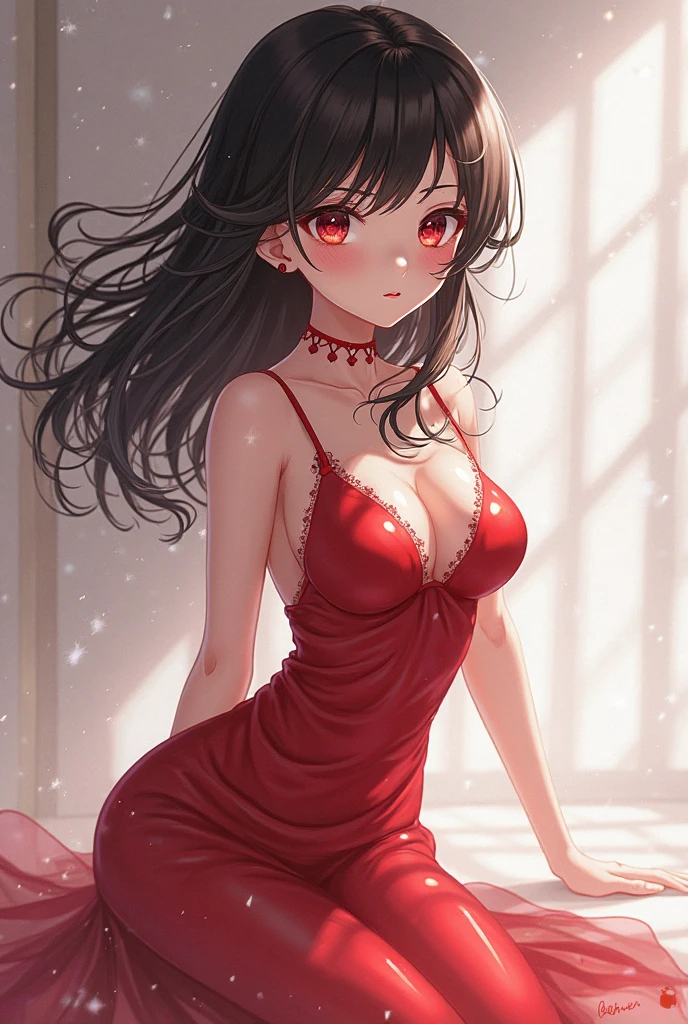 anime girl with tight and wet dress ,red dress
