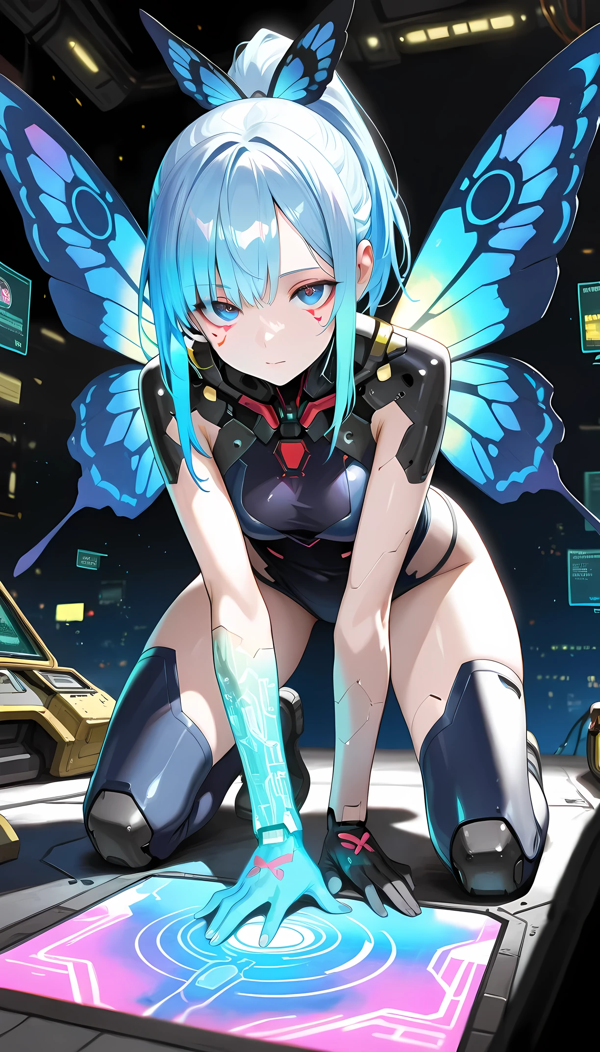 ((best quality)), ((masterpiece)), (detailed), perfect face, textured skin, ((super detail)), high quality, high details, hologram, Holographic colors, cyberpunk, cyberspace dweller, swallowtail butterfly wings, Blue hair, long ponytail, Blue eyes, Kneel, support herself with her right hand