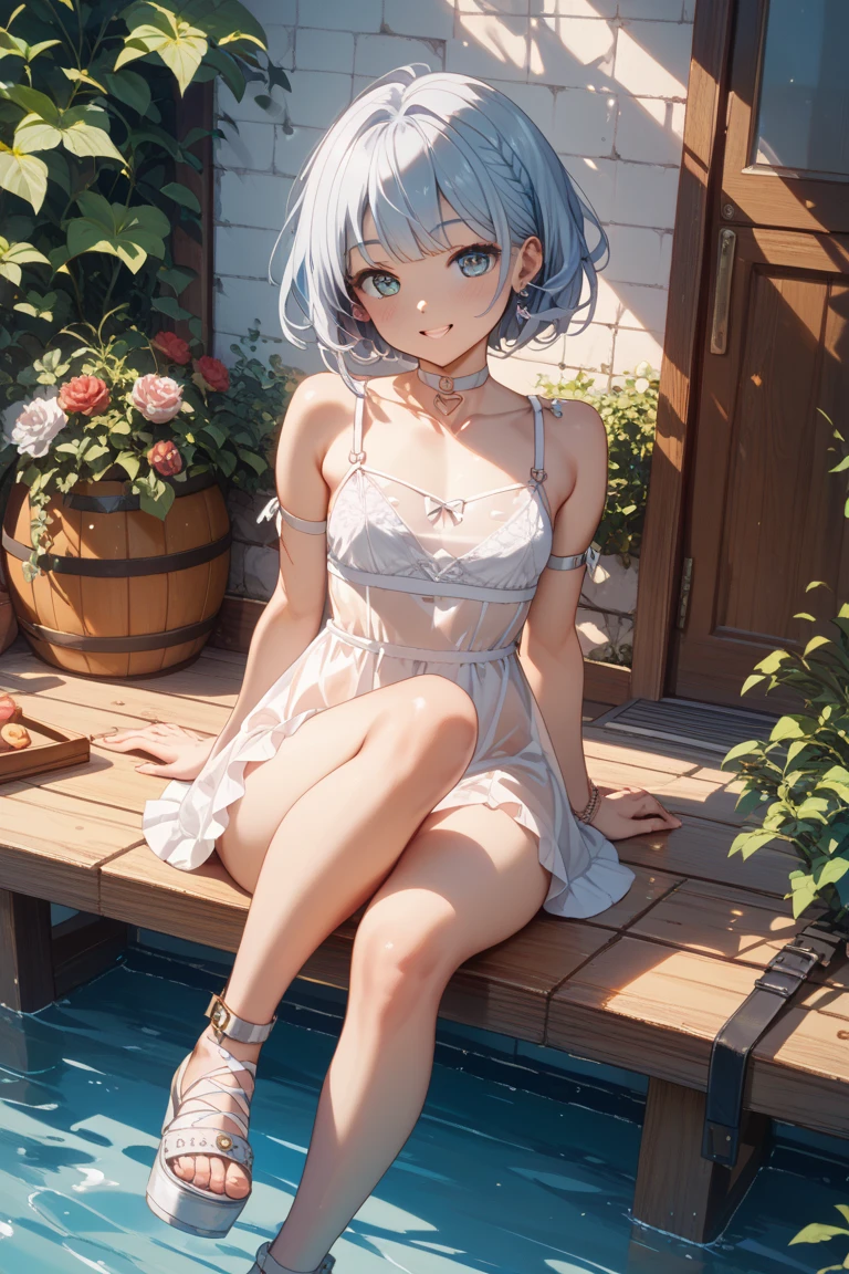 One girl、Beauty、White cat ears、White Hair、Lilac eyes、Bob Hair、trimmed bangs、Cute light blue dress、Beautiful thighs、A soft smile、Around 24 years old、The background is the pool