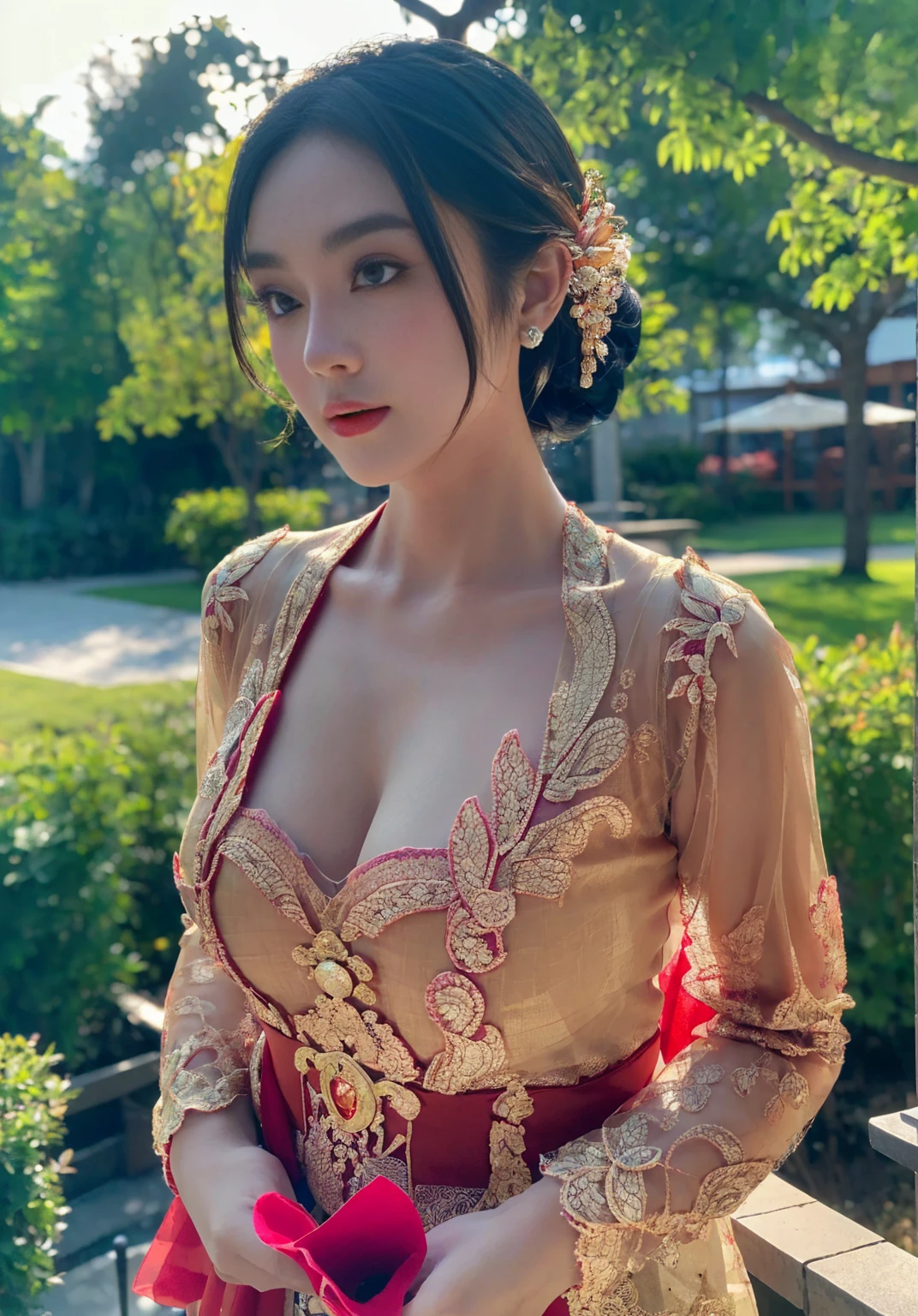 Vietnamese magical princess, beautiful, extremely detailed silk dress, large breasts