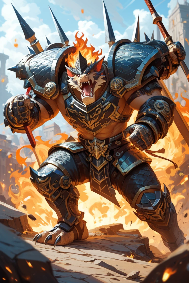 (best quality,4k,8k,highres,masterpiece:1.2),ultra-detailed,(realistic,photorealistic,photo-realistic:1.37),Red Dragonborn Mercenary, Fighter class, wielding a two-handed Greatsword,wearing Mercenary leather armor, muscular and very large, imposing and tall, with red scales in deep crimson and darker shades resembling smoldering embers and wisps of smoke, intricate jagged ridges along the spine that resemble true dragon's horns, eyes with an intense golden glow reflecting inner turmoil and sadness, honed muscles, strong and powerful energy, a hungry and determined expression on his face, standing in a heroic pose that suggests readiness for battle, the artwork has a smooth and polished aesthetic, with a ferocious and menacing look, capturing the character's mighty and intimidating presence, the overall style is digital art, showcasing detailed and realistic rendering, emphasizing the character's physical prowess and fierce demeanor, featuring a bara (muscular) character design with a touch of furry art influence, conveying strength and masculinity in a striking manner, the lighting is dramatic, with highlights and shadows enhancing the character's muscular physique and creating a sense of intensity and power.