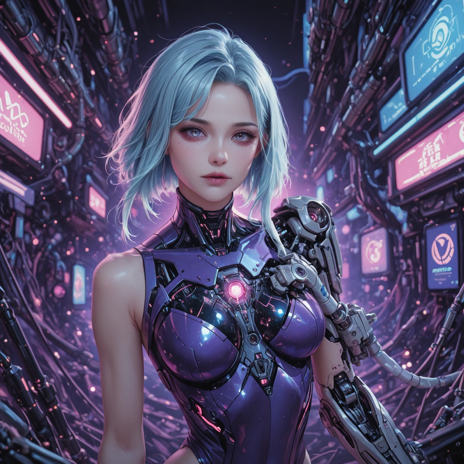 (((Masterpiece)))), (((highest quality)))), ((Ultra Definition)), (Very Detailed Photoreality), (((Very Delicate and Beautiful)), (Delicate and Pretty Face), Cinematic Light, (((1 Machine Girl)), Solo, Dark Purple and Turquoise a Body colour, Big, Cleavage Visible Skin, Dark Purple Hair, Purple Eyes, Luminous Eyeechanical Joint: 1.4), (Mechanical limblood vessels connected to tubeechanical vertebrae attached to the back)), ((Cervical spine of the machine) attached to the neck)), (((sitting)), expressionless, (wires and cables attached to the head and body: 1.5), (character focus), small LED lamps on the body, sci-fi, metallic body, detailed neon