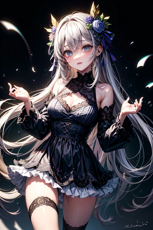(masterpiece, top quality, best quality, official art, beautiful and aesthetic:1.2), ((dark elf)), ((1girl)), extreme detailed,(fractal art:1.3), colorful, highest detailed, ((from above)), Cowboy shot,  art by Artgerm, by wadim kashin, by Kawacy, by Yoshitaka Amano, BREAK, (dark elf:1.2), (1girl), solo, perfect face, details eye, Blunt bangs, white hair, (hair between eye), eyelashes, eyeshadow, pink eyeshadow, (dark skin:1.2), glaring, smile, Head tilt, BREAK, corsages, jirai kei, (jirai kei fashion:1.1), Frills, Skirts, Various accessories, (ear piercing), punky style, Japanese subculture, fashion, Stockings, colorful, (Dark circles:1.2),