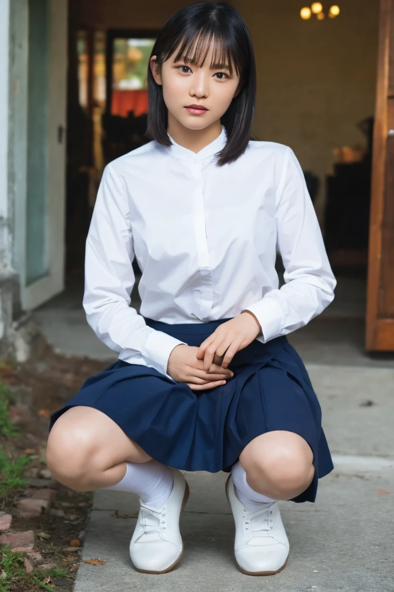 a girl, short black hair, wearing a school uniform, medium breasts, not wearing panties, sitting on a chair spreading her legs, naked