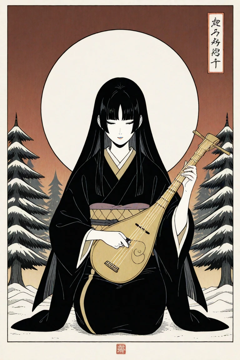 (((Katsushika Hokusai))), (((Ink Painting))), ((Very straight long hair)), ((1 girl)), ((Playing the shamisen)), ((skeleton)), Reading a book、Japanese style headphones, Black Hair, Delicate and precise, Modern ukiyo-e style