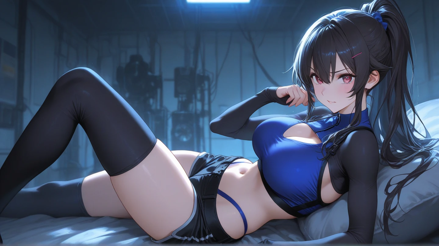 A beauty in stockings,a matural female,Blue translucent miniskirt,cabelos preto e longos,fearful expression,Tears in the eyes