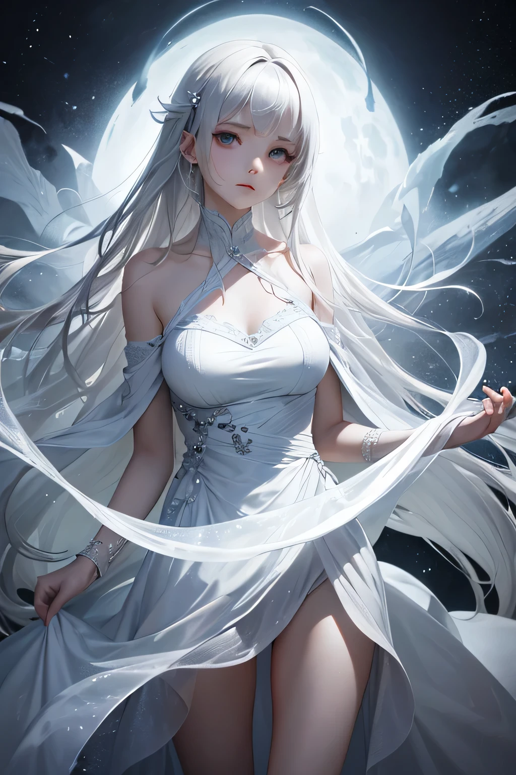 a female ghost,Sexy body white skirt,beauitful face,Eyes bleeding,,Floating in the air,Reach out and grab it,An atmosphere of terror --auto