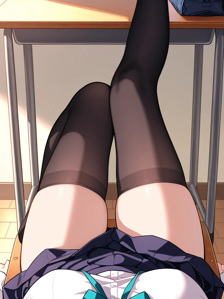 Top quality, masterpiece, High resolution, (Head to toe full body), front, frontやや下からの構図, Symmetric, Tall 18 year old girl, alone, (Head to toe), (Small breasts), Unkempt brown hair, bangs, (black tights), (Black Pantyhose), (Sit with your legs apart), (Crouching pose), (A composition showing white panties), (Her legs were spread、I see your white pants.), (I was made to sit on the floor with my legs spread..), (M-shaped legs), Thin legs, A very beautiful and tall 18 year old girl, (No shoes), blush, Shy big eyes, looking at the camera, Blazer Uniform, Checkered Pleated Skirt