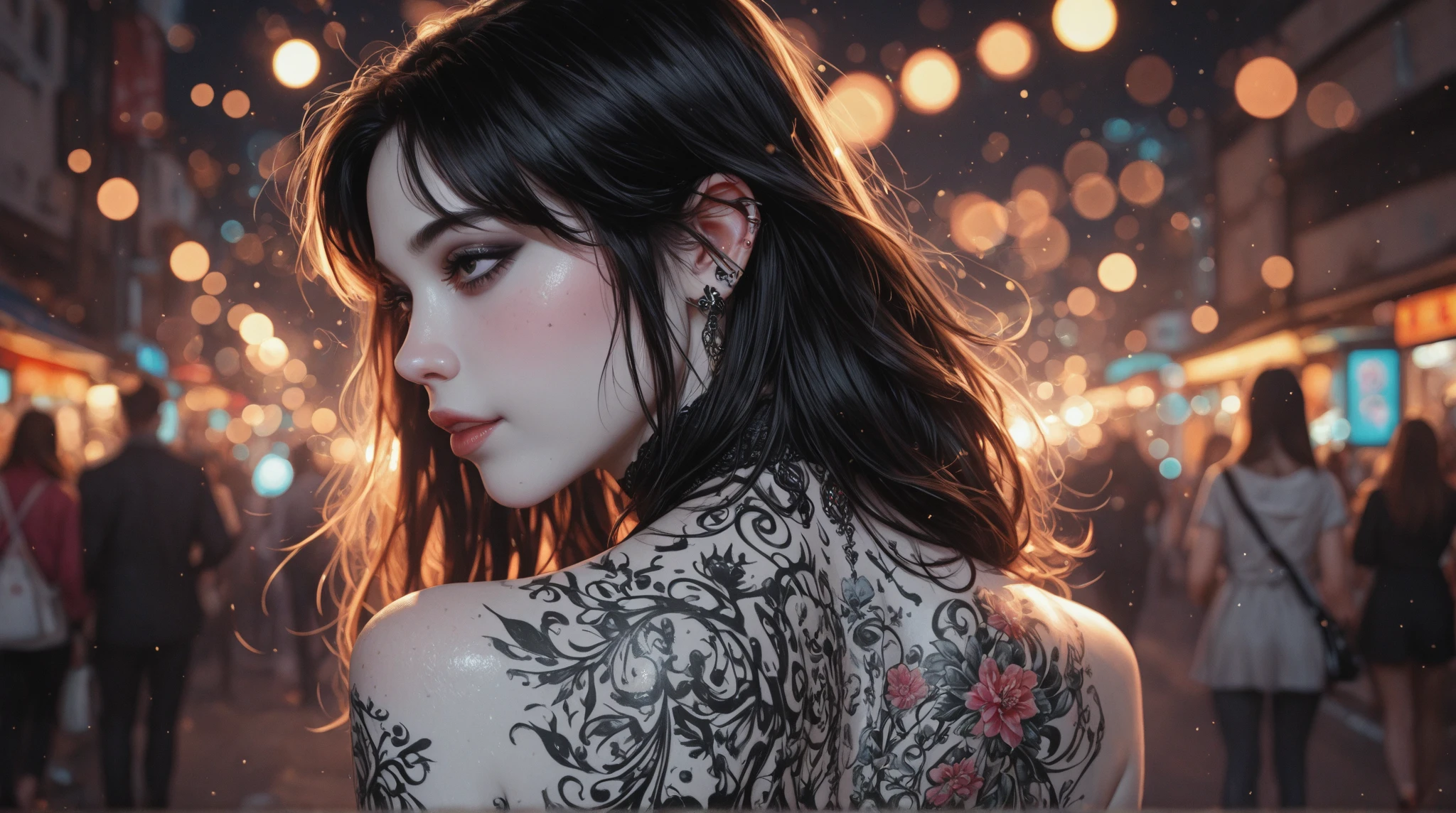 (8K, Raw photo, Highest Quality, masutepiece: 1.2), 16 K, (reality, Photorealistic: 1.3), (Sharp Focus), Official art, accurate anatomy, (Beautiful and aesthetic: 1.2), 1 girl , Cowboy Shot, ((Naked)), (Beautifully designed tattoo right behind you, with their face not visible, Perfect proportions, thin waist, Big butt, Crotch gap, thighs thighs thighs thighs, Hair Ornament, With exterior removed, Black hair, scabbard, (tattoo from back to buttocks: 1.5), flower, Holding, slutty makeup, hot onsen, Steam from the surface of the water, Smoke, Backlight, Rim lighting, sexy art, (masterpiece, top quality, best quality, official art, beautiful and aesthetic:1.2), (1girl), extreme detailed,(fractal art:1.3),colorful,highest detailed chiaroscuro technique on illustration of an elegant oldies , wet hair, vintage, eerie, matte painting, by Hannah Dale, by Harumi Hironaka, extremely soft colors, vibrant, highly detailed, digital illustrations , high contrast, 1girls,floral, Lycianthus ,In light pink and light blue styles..., Dreamy and romantic composition..., Light Pink, Intangible slip, Fun arrangement,fantasy, high contrast, Ink strokes, explosions, Over touch, Impression of purple and red tones , abstract, ((Watercolor paintings by John Berkey and Jeremy Mann )) brush stroke, Negative Space, Explore the use of color to enhance the sense of rhythm and movement in the nude artwork. Experiment with vibrant hues and contrasting tones to create visual tension and energy within the composition.