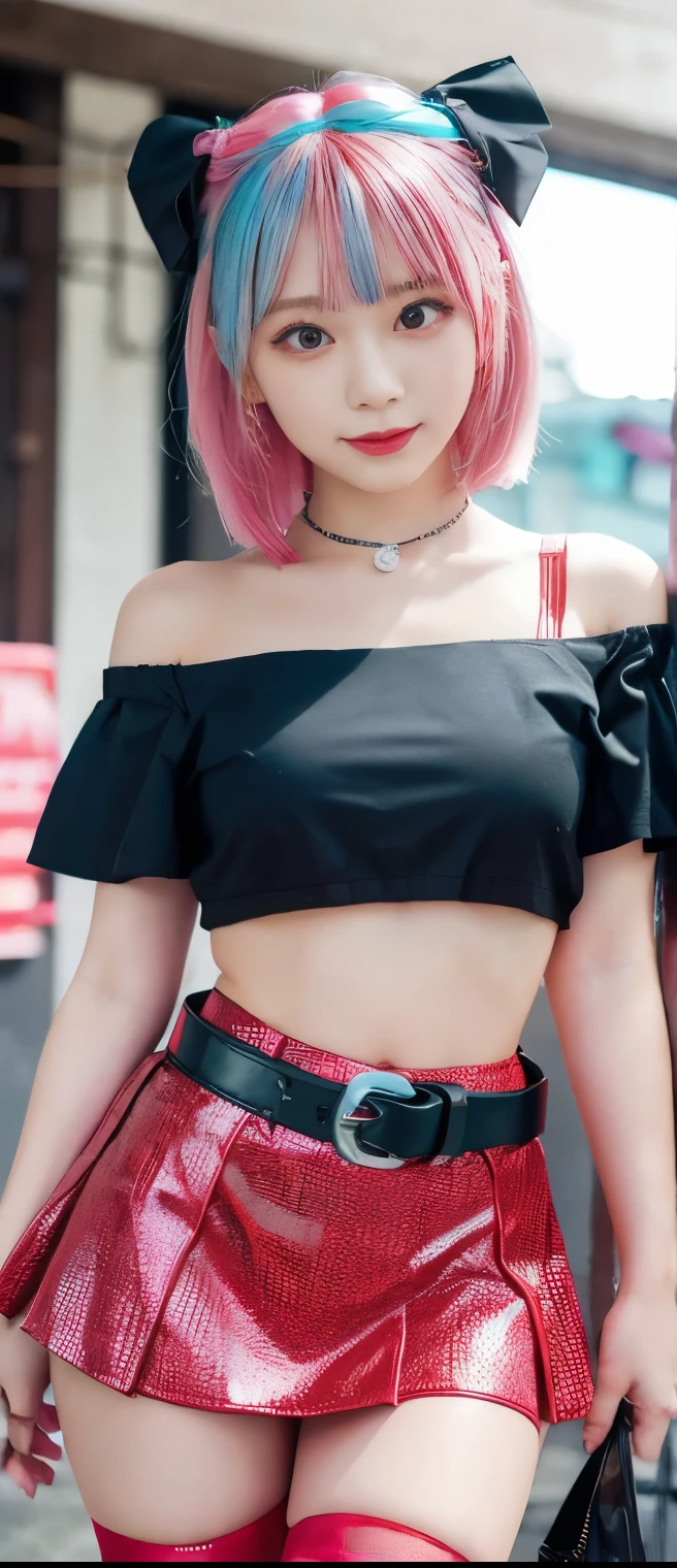 Fancy Idol Girl (colorful pastel hair)、A pure girl's face、 hypo、 Fluorescent red Off Shoulder Shirt、red Latex fold miniskirt、black Paint Belt 、 fishnet、Glowing Punk Town