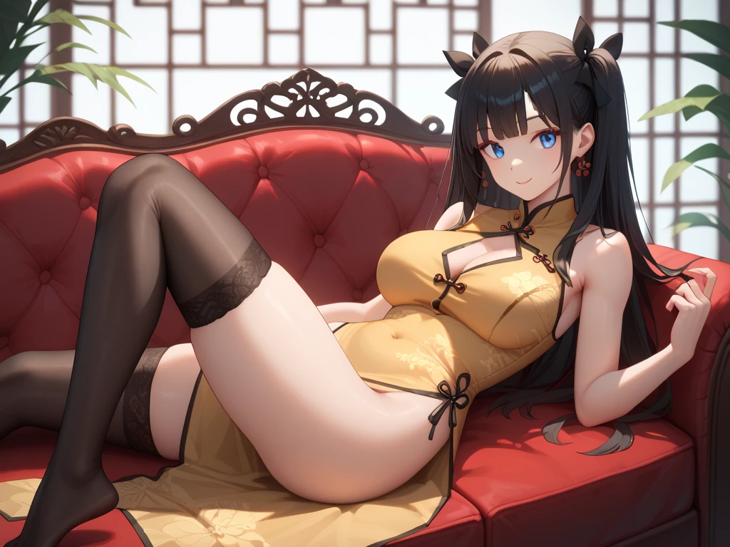 seductive busty royal sister, luxurious tight mini chinese dress, (sit on sofa, spread legs and lift up skirt and show off detailed pussy and pubic hair), (perfect anatomy), (8k, raw photograph, best quality, masterpiece, photorealistic), detailed character, detailed anime face, full body concept, center of screen, stiletto heel, luxurious jewelrys, chinese tiara, hair ornaments, large presence earring, bracelets, anklets, trinkets, red eyes, black high long twintails, smoky makeup, dark eyeshadow, heavy makeup, sexual temptation, sexual suggestiveness, seductive smile, oriental style, lamp lights, lens flare, film grain