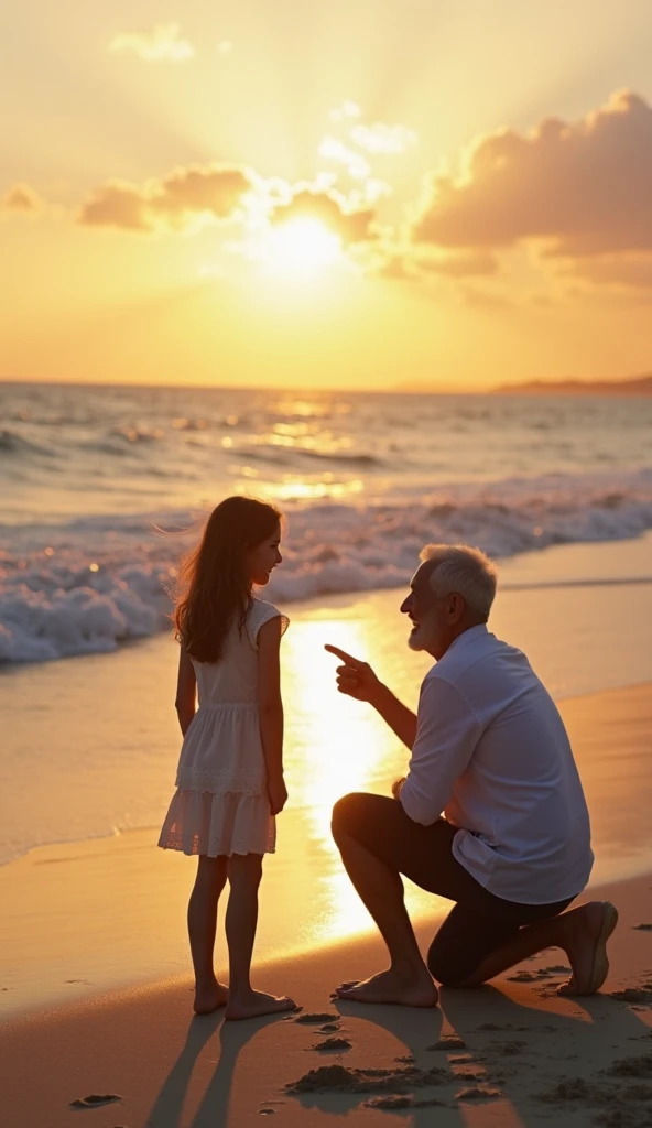 Elderly man and a child chatting on a Caribbean beach
