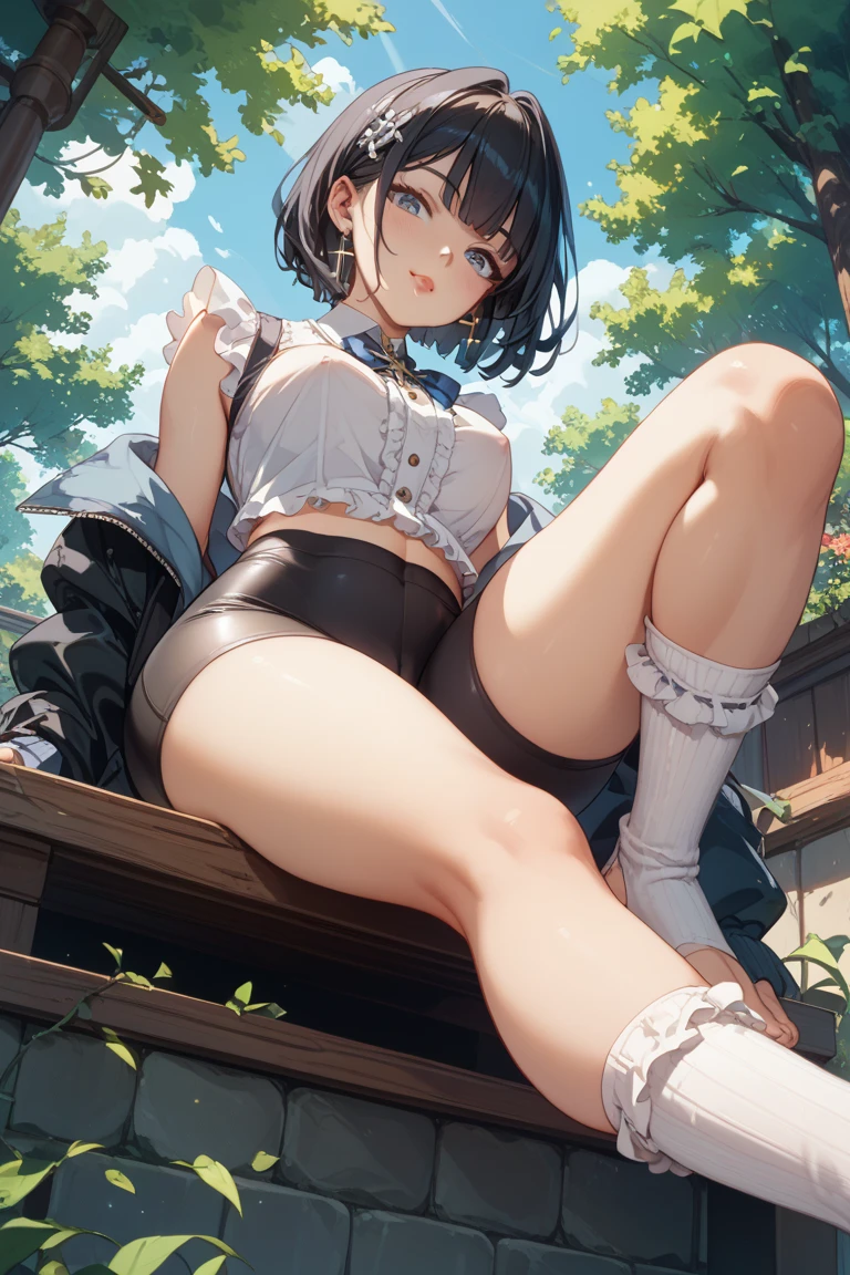 nsfw, embarraced face, sunlight climbing from below colorful underwear pattern Beautiful woman shortcut々 on the tree