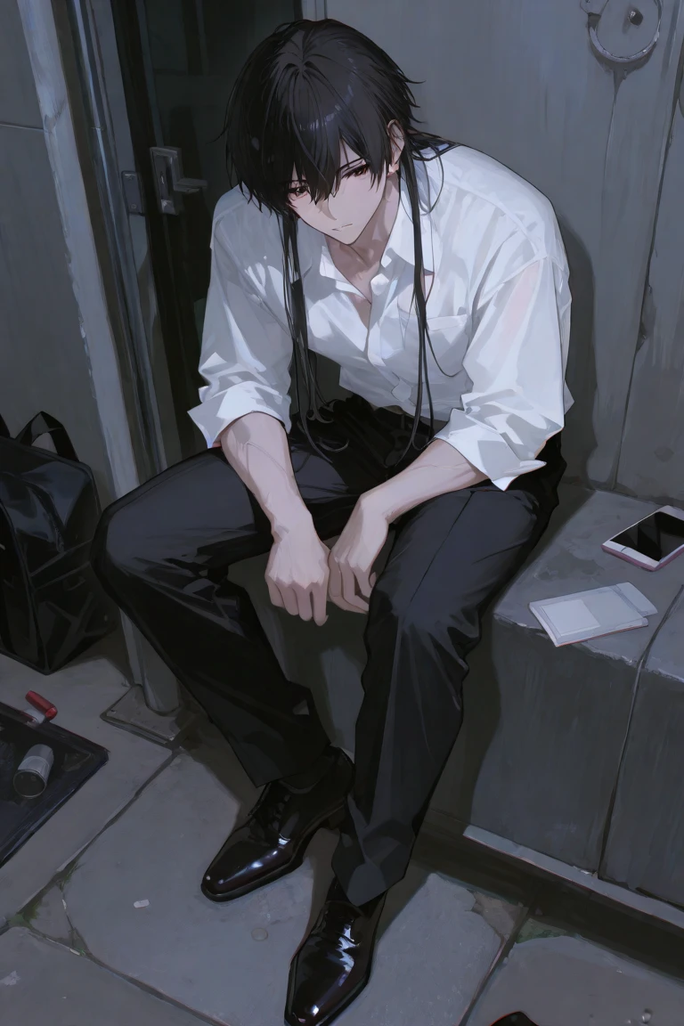 Male sitting down. Black hair. Green eyes. Band-aid under eye. Looks upset. In a cage. Clenching teeth.