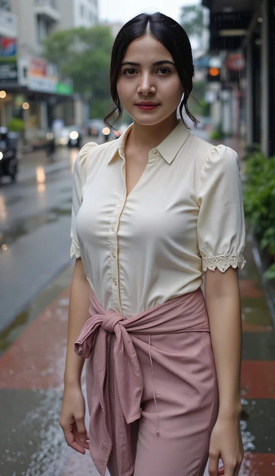 a beautiful woman, stands city during drizzling rain, body and face facing the camera, satin material shirt white color, long skirt leggings pink color, Big , red lips, tubuh basah, wet clothes