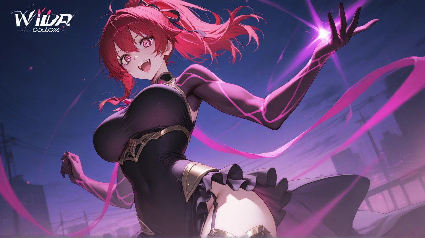 masterpiece, best quality, absurdres, novel illustration, 1girl, young, long hair, cinematic composition, cinematic angle, (dynamic pose:1.3), witch costume, hat, magic wand, fireball, magic, (casting spell:1.3), night, dark forest, bats, evil grin