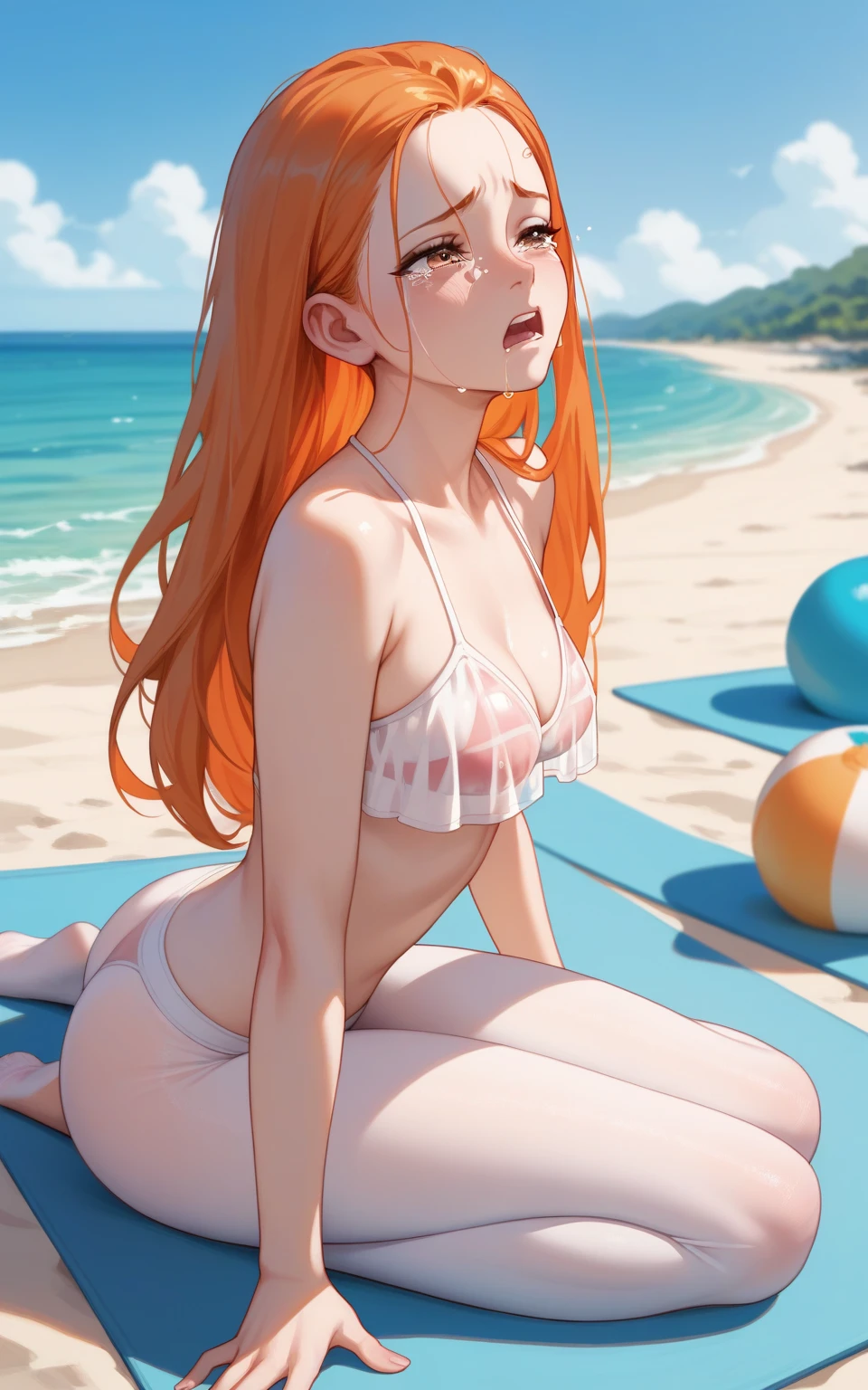 (masterpiece), (top-quality), (Ultra Small Bikini:1.5), (blushed face:1.3), (Cover your crotch with both hands:1.3), (Spilling:1.4), under the boobs, You can see the on the side, Naked, a beauty girl, Precise hands, Embarrassed look, Smile, Very cute, Clear eyes, Shining eyes, (My bikini is about to come off:1.5), Big Breast, Tummy is visible, I can see the cleavage, the lower abdomen is visible, The crotch is visible, Beautiful skins, ultra-definition, Top resolution, Golden hair