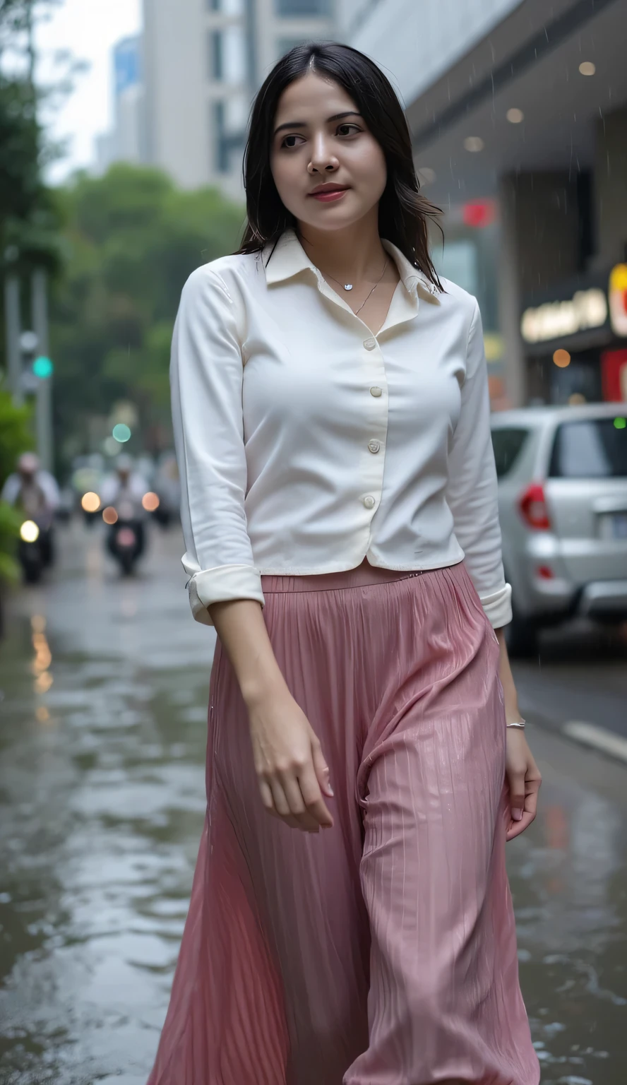 a beautiful woman, standing city during drizzling rain, body and face facing the camera, satin material shirt white color, long skirt leggings satin material pleated model pink, Big , red lips, tubuh basah, wet clothes