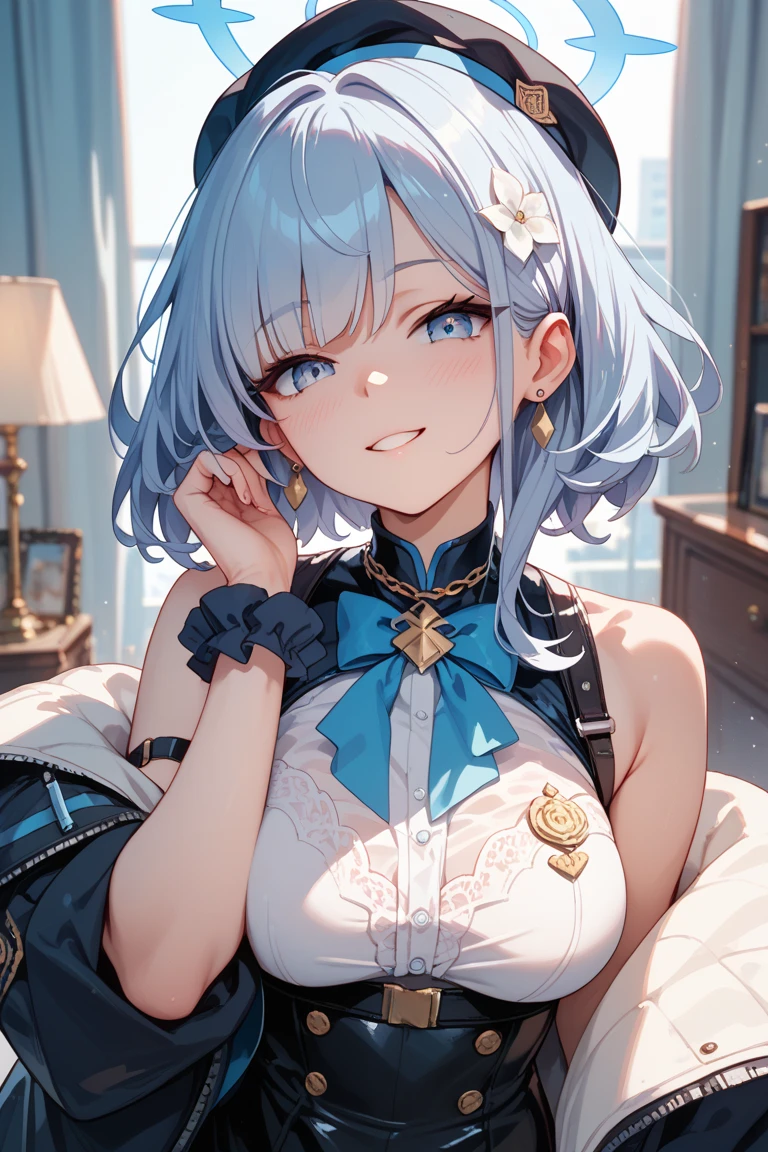 (Masterpiece, Slim Body, Delicate Fingers: 1.2), Best Quality, (Illustration: 1.2), (Hyper Detail), Eye Focus, Ultra Detail, (Fine Detail), (Intricate Detail), HDR, (Ultra Detail: 1.15), (Soft Light: 1.2), girls , White hair, blue highlights, (cyan left eyes: 1.3) , (blue right  eyes: 1.3) ,  teenager , nobility lady cloth, neat outfit, (costume with blue accents: 1.2), white shirt , (blue jacket: 1.3), (medium long white pant: 1.2) , medium short hair , solo , heterochromia , wearing hat , wearing gloves (white)​ , multicolored hair , ahoge ,black ascot , long sleeves , blue top hat, butterfly ,frilled sleeves, thigh straps , furina (genshin)​, black tights, flat chest, 15 years old,