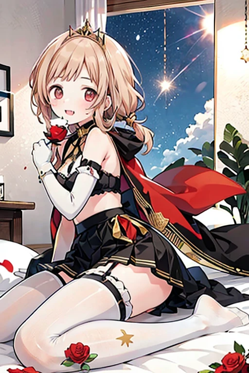 Projet Oriental, Flandre Scarlet assise sur le lit en uniforme JK, hands crossed at waist, cheveux jaune clair, warm lighting, premier plan flou, mignon, Loli, Anime, 4K, with demon wings, bonnet de douche, Masterpiece, Haut du corps