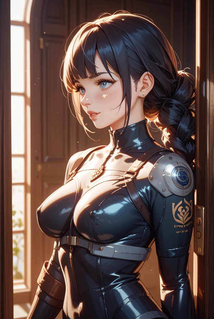 One woman。fractal art,steampunk,cyber punk,smile、cleavage