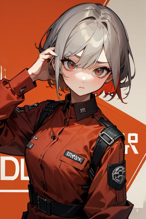 masterpiece, best quality, mature woman, short hair, (buzzcut hair), gray hair, evil eyes, amber eyes, glossy lips, mature face, sharp expression, operative clothing, bulletproof vest, tactical vest, fingerless gloves, holding pistol, abandoned building, (please put a cigarette in mouth)