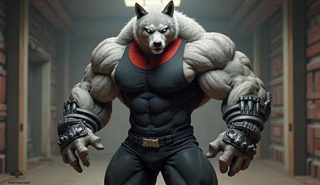 Realistic riped muscular teen arctic fox, red eyes, cute face, full naked, torn black briefs, bulge in crotch