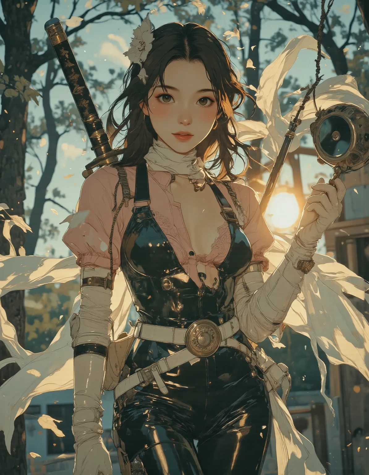 (masterpiece), (top-quality), realisitic, Cinematic Light, , Cool pose,Sit with your crotch open、drinking boy、 Battlefield Background, perfect bodies,red eyes、White bob cut hair