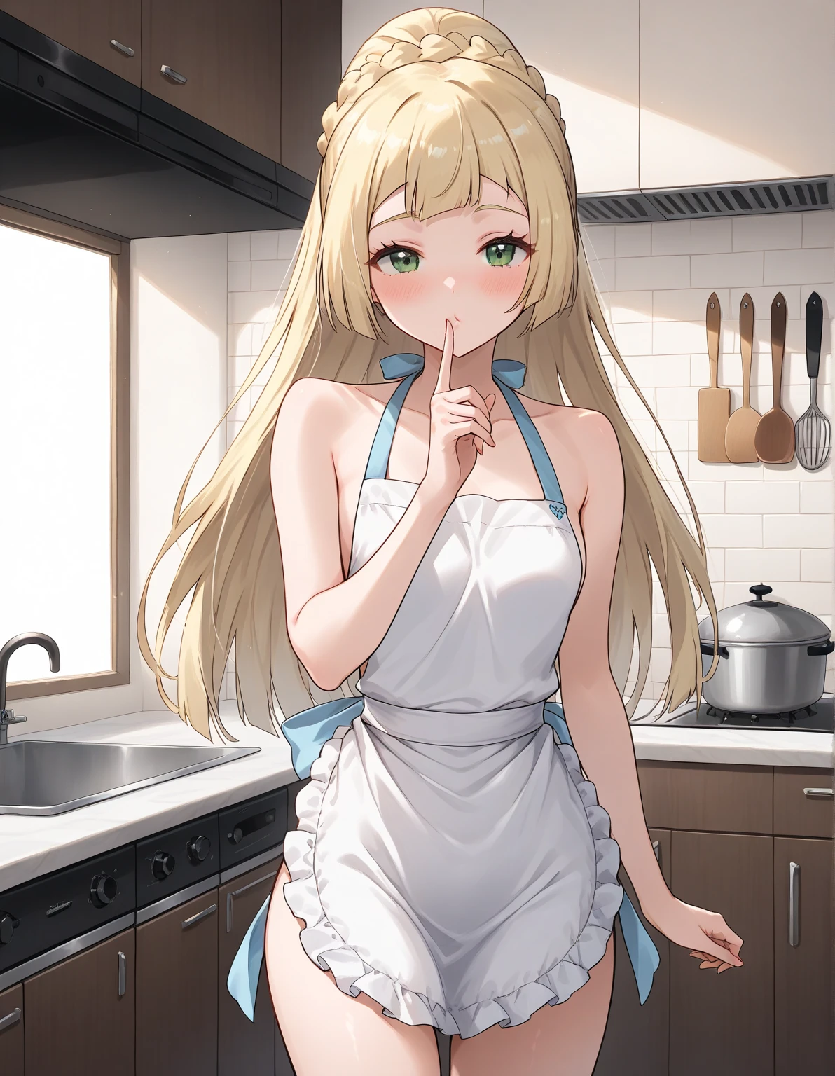 19 year old blonde girl with white bikini, in the kitchen.