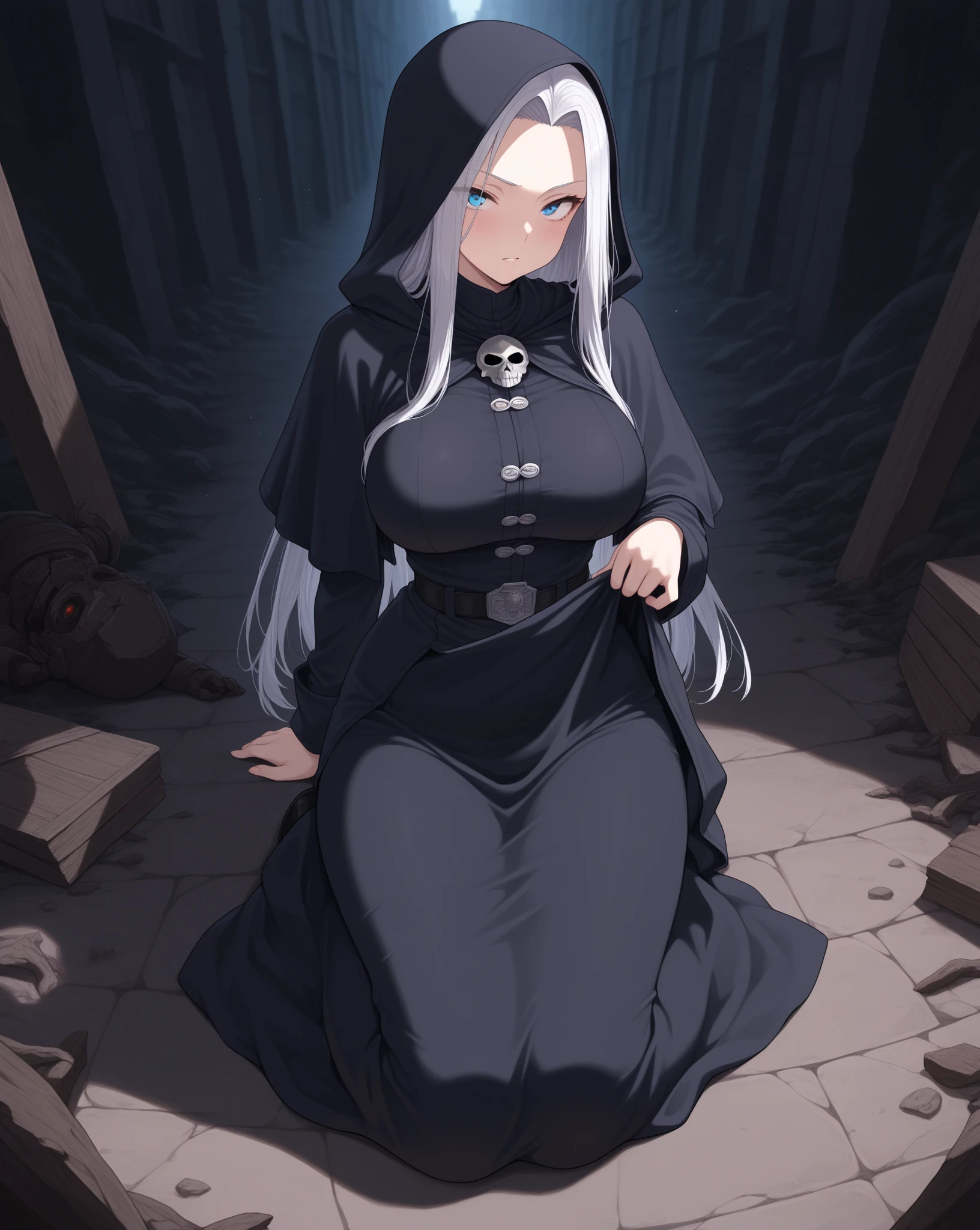 dark lord, throne, sitting, with staff in hand, the staff has a skull as a handle, long black cloak with hood, sad, hopeful, in love with a girl 