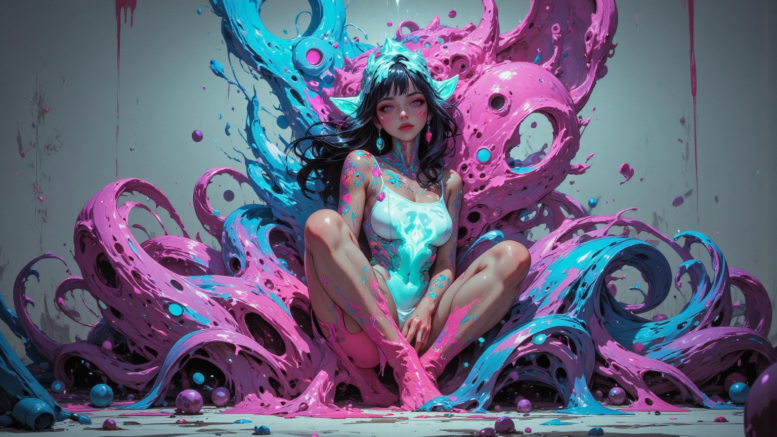 ((NSFW, topless:1.3)), (vaginal sex:1.2), (masterpiece, top quality, best quality, official art, beautiful, cosmic, atmospheric, psychedelic, dreamlike and aesthetic, swirling psychedelic cosmic graffiti patterns:1.2), (1girl), extreme detailed,(fractal art:1.3),colorful,highest detailed, "(Best Quality, 8K, 32K, masutepiece:1.3), Ultra-detailed, (Photorealistic:1.4), pink and white colors, perfect color scheme, albino, Punk rock Girl, Detailed moonlight eyes, full body portrait, Luxurious neon blue punk hair, Edgy Harajuku-inspired punk rock fashion, super huge enormously gigantic , cleavage showing, Avant-garde makeup, Numerous piercings, Heavily tattooed body, swirling psychedelic cosmic dreamlike graffiti pattern background