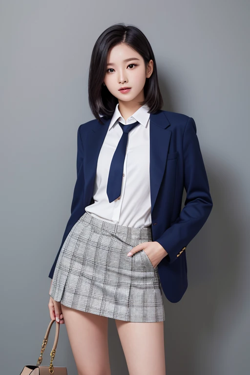 8K, Ultra-high resolution, Highest quality, masterpiece, 三分割法によるphotograph,Surreal, photograph, 1 Girl, (16 years old:1.3), pretty girl, Cute face, Beautiful eyes in every detail, 細かくdetailedに,masterpiece,, One Girl:1.2, Japan Female Announcer、Cowboy Shot,((very small head:1.3)),Center-parted bangs,amount,Black Hair,Short Bob,Long Hair,Iris,Gorgeous eyes,smile,((Toned body,Slender body,skinny)),(school uniform、Dark blue blazer jacket、Navy blue tie、Grey plaid pleated mini skirt,loafers),Glowing Skin,Shiny skin,Climbing the stairs,Fire escape in a building,Back view,Turn around and look at the audience,Beautiful leg line beauty,Captivating thighs,Full of sex appeal,Sensual,屈託のないsmile,Heal the heart,Ultra low angle、beauty,Long neck、Laugh a little、Please close your mouth and laugh、(((Ideal body type))),A cup small breasts :2,、Portraiture:2、Perfect Anatomy、鮮明なdetailed、detailed、Surreal、Light and shadow,Strong light