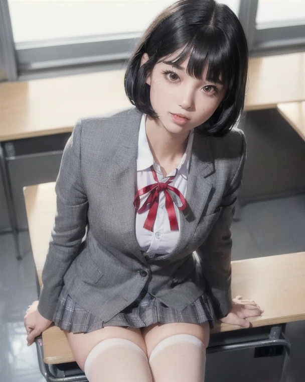 ((8k,RAW photos,top Quority,tmasterpiece),HD RAW color photo professional close-up Photograph,(realisticlying,realisticlying:1.37),(HighestQuali),(best shadow),(Most Best Illustration),鎖骨((The large)),((,Raised sexy,超高分辨率,High-definition CG unity 8K wallpapers,physically-based renderingt,cinmatic lighting),(aegyo sal:1),18 years old girls,(grey blazer,ribbons,sockes,High School Uniforms:1.2),high school classroom, beatiful detailed eyes,Light on the face,((full body shot shot:1.2)),Particularly bright light,(Upper Eye,grinning smile:1.2),shiny skins,(((brunette color hair,bob hair:1.2))),(thick thight),ulzzang-6500-v1.1:0.2,is shy,(flash lights:1.2),NSFW,(puffynipple),((a sexy pose:1.2,big breasts enchanting:1.2)),(idle),(Sit at a desk in the classroom:1.2)),((Good anatomy:1.2)),((Bright and refreshing classroom,The background is blurred out: 1.2)),s the perfect face,cute face,(high-angle shot:1.2)