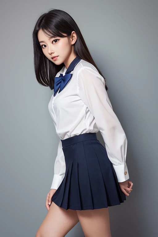 ((white short sleeve blouse、ultra mini pleated skirt、dark blue)), ((red tie))、 ((black boots))、((whole body esbion))、((side shot))、((、small and flat chest))、Beautiful girl with realistic black eyes, white skin, medium length black hair, perfect face, perfect eyes, very detailed, comprehensive movie, digital painting, 8K, cinematic lighting, highest quality, High resolution, detailed work, Post-processing, perfect results, surreal、Little dance、Frolic、My heart is excited、((8-year-old、Ten generations))