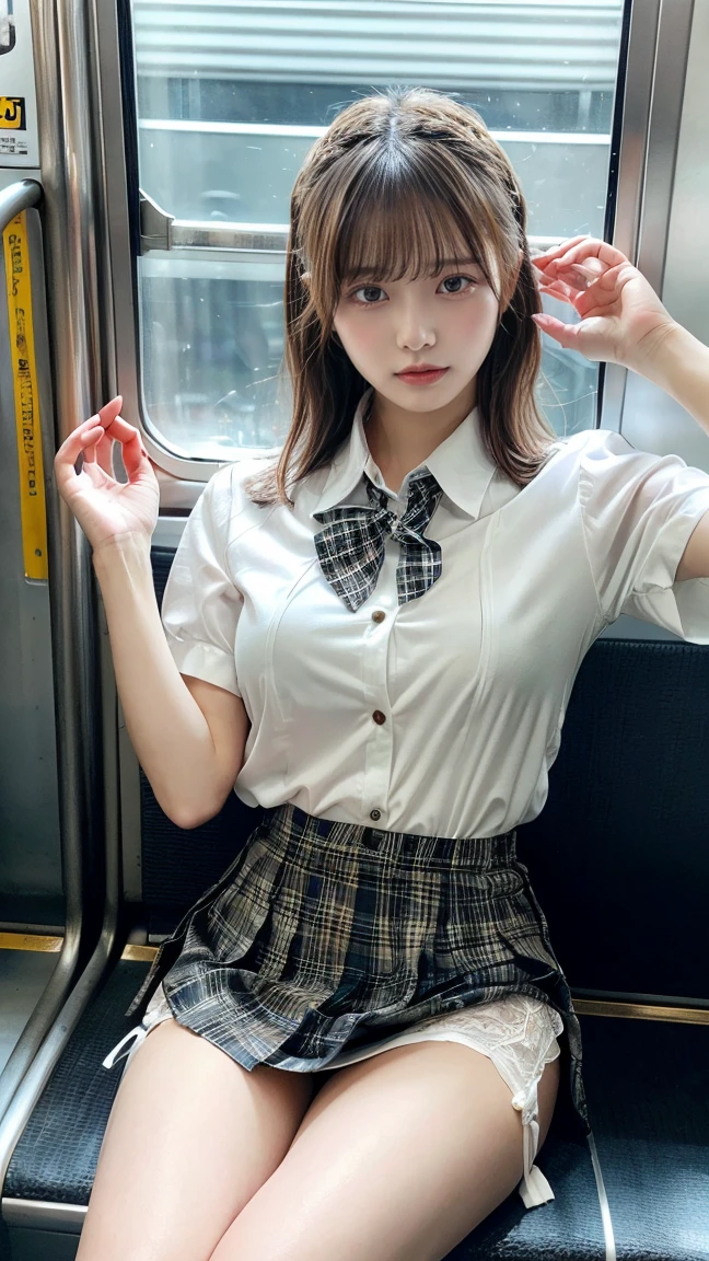 Tabletop, Highest quality, One Girl,Show off her white panties1.6Squat (beautiful girl, Cosplayers:1.3), (:1.2), Definition of Very Fine Particles, (Symmetrical eyes:1.3), (Beautiful views, Sit in a long seat on the train), (Low angle shot, From below, Front view:1.3), (school uniform, A wet, see-through white shirt, mini skirt:1.3), Beautiful breasts, Brown eyes, Parted bangs, Brown Hair