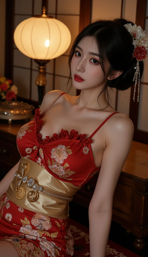 1 girl、realistic skin texture、Beautiful long hair down to the waist、hair behind ears、moist and beautiful hair、((bright smile))、stare(cleavage looks bigger)(erotic 15 year old girl、small face、very beautiful face、natural makeup)(fair skin)(Glitter eyes)Smooth skin、Realistic texture of the skin(((random color、Gorgeous cheongsam、Very short miniskirt and deep cut on the sides、Precise and detailed embroidery all over the body、Rhinestone))) ((interior、高級ホテルのBedroom))、Bedroom、futon、、Lie、futonでsleep、Posture with head on pillow、eyes are open、beautiful armpits、round beautiful breasts、beautiful cleavage、thin waist、constriction、big ass、thin thighs、Movie Writing、Bold and erotic pose、exciting and sensual poses、sexy、legs spread((Beautiful thighs exposed))((((sleep:1))))(((((Above、full body shot)))))