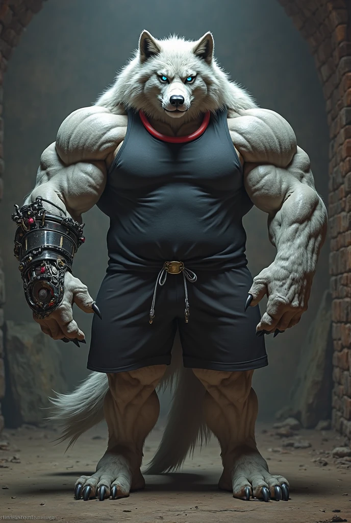 Humanoid Wolf Training in the Gym Wearing a T-shirt and Hoodie Without Showing Face but Aggressive