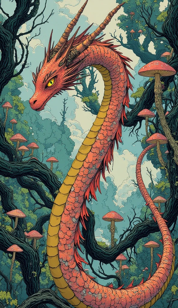 (hybrid,  colorful sketch , vibrant colors, Ultra-detailed), hybrid de Homem com Dragão, Athletic body with red wings, Create an ethereal portrait of a mystical forest Dragon,  embodying the spirit of a creature from Final Fantasy . (The Dragon is portrayed with a shimmering red and yellowish striped scale, casting an enigmatic glow in the faint light of a moonlit forest. Her eyes are a vivid, haunting emerald yellow,  transmitting wisdom and an indomitable ferocity .  The surrounding environment is an exuberant , Fantastic , com imponente, twisted trees and slightly shiny mushrooms Hovering the forest floor. The shape of the Dragon is majestic and surreal,  integrating perfectly with the dreamlike environment .)  in the style of Yoshitaka Amano ,  employing elements of dark fantasy art ,  capturing an artistic and mysterious atmosphere . The composition must counterbalance the Dragon's imposing presence with the intricate fantasy forest,  using delicate , sinuous lines and a play of light and shadow to enhance the supernatural atmosphere.  The atmosphere must be one of reverence and wonder ,  as if the spectator were finding an ancient ,  mythical guardian of the forest . retrofuturist, serious face, Reddish-orange pupils, anatomically correct, intricate details, depth of field, detailed background, excellent quality