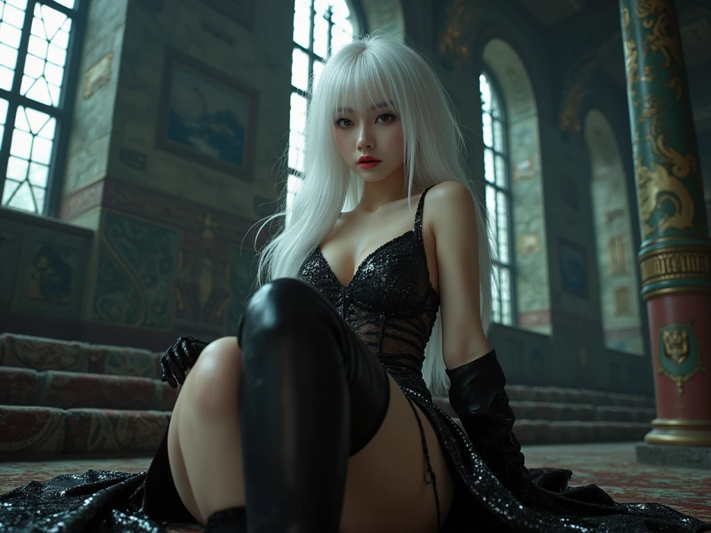 ((best quality)), ((masterpiece)), (detailed), Ultra High detail, Realistic beautiful girl, long white hair, red eyes, lace skirt, thigh highs, high heels, tattoos, lightning background