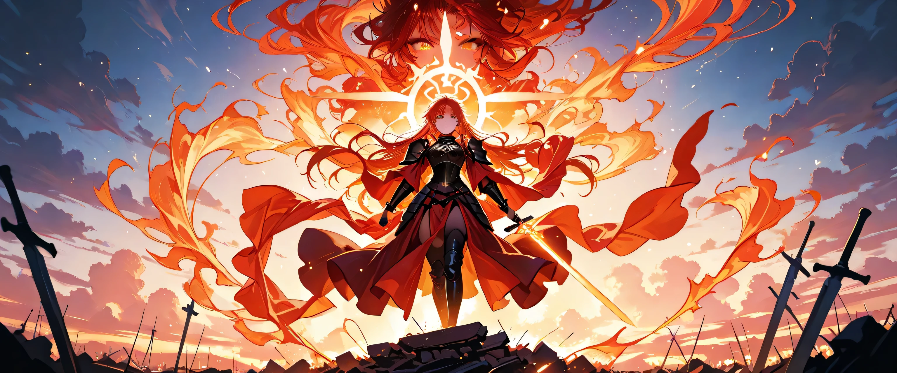 A fierce and hopeful anime-style female warrior standing on a glowing battlefield at dawn, dramatic clouds parting above, fiery and light elements swirling around her. She wears a fusion of modern and medieval armor with flowing fabric, her hair blowing in the wind, holding a glowing sword. A rising sun on the horizon symbolizes hope. The background features ruins turning into light particles. Epic, emotional atmosphere, cinematic lighting, vibrant colors, trance-rock-anime aesthetic.