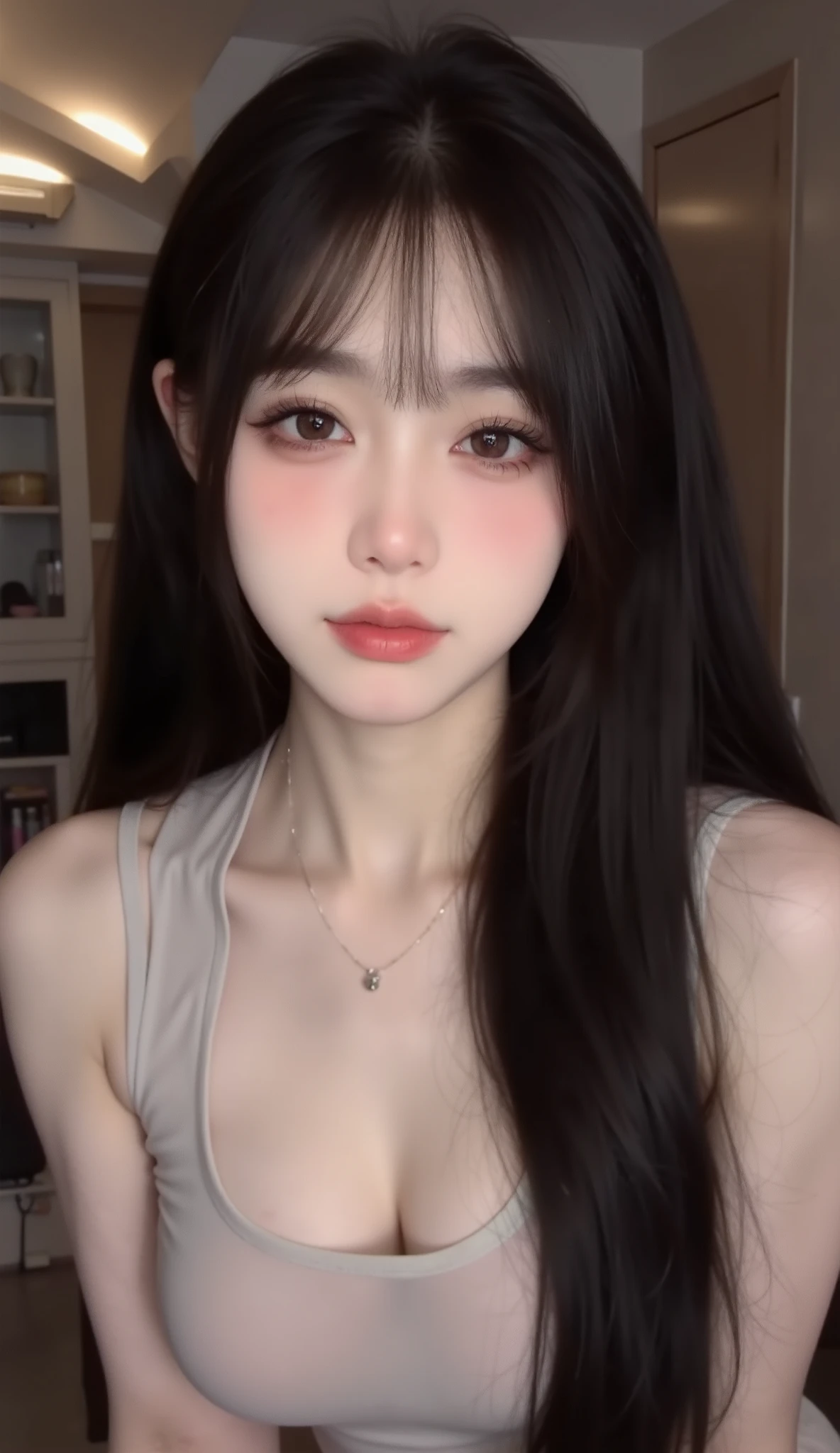（lifelike,High resolution：1.3）， medium shot，slim girl， The face shape and eyes are super delicate,black hair,The lips are rosy and shiny,(pretty face), (best quality), (super detailed), (Extremely detailed CG unified 8K wallpaper),Full body photography，transparent dress,big eyes，Soft breasts,Very real breasts,puff out your chest,character-centered,