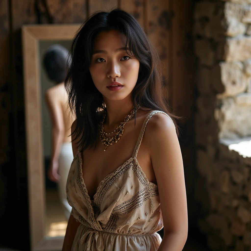 Realistic, realistic style, portrait photography masterpiece, shot with cinestill 800t 35mm film, Leica M9 Voigtländer 35mm classic, key vision, movie color level, highly detailed fabric, neural network,
1 girl, beautiful and sexy Asian mixed-race woman,
movie star, she is shooting the scene of movies, The picture is exciting,