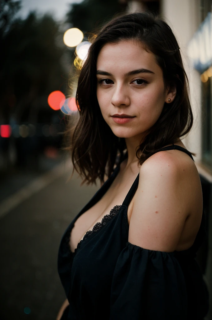 a sexy gothic woman, pale white skin, black hair, mischievous smile, bright red eyes, American features, empty listening street, park, dry scary trees, gloomy atmosphere, detailed realistic portrait, cinematic lighting, dark moody colors, dramatic shadows, photorealistic, masterpiece, 8K, highly detailed, award-winning photo
