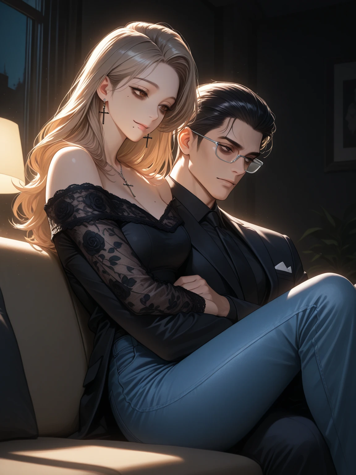 Woman and man sitting on a sofa wearing elegant clothes, realistic. 