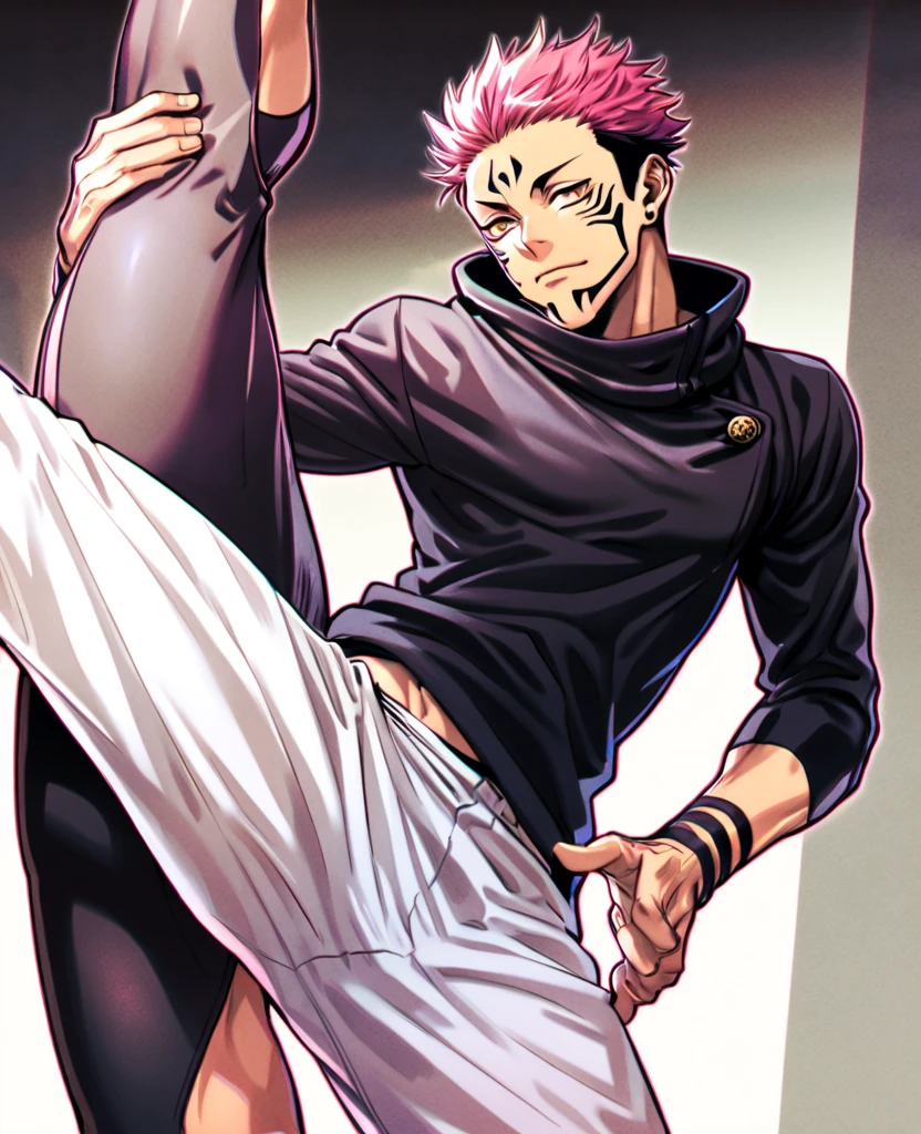 Full body image of Maki Zenin from Jujutsu Kaisen, full body in image, wearing her post-clan outfit (sleeves torn, harem pants), visible scars, short dark hair, female body, athletic and muscular body, dynamic pose, detailed pose, simple background, expressive face showing determination, focus on face, line art, sketch