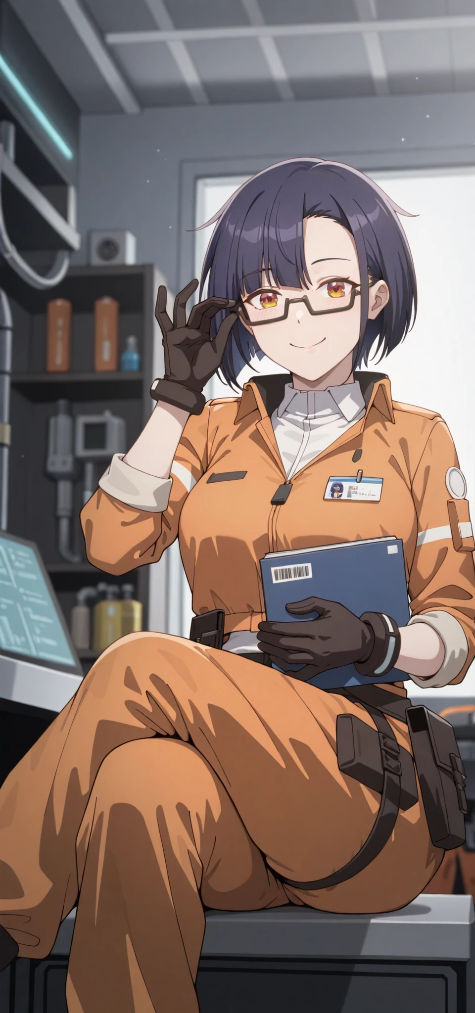 (masterpiece, best quality, 8k wallpaper, hires, intricate details), (soft lighting, studio shot, simple background, dynamic angel, mechanic room, bokeh background, rating_explicit, perfect hand according to anatomy, five fingers, beautiful, sitting, holding book, crossed legs, adjusting eyewear, looking at viewer, smile, close up), (1girl, solo, mature female, nias_carlin_ilxl, mechanicoutfit, glasses, solo, gloves, smile, short hair, semi-rimless eyewear, under-rim eyewear), (orange outfit, orange pants, highly detailed)