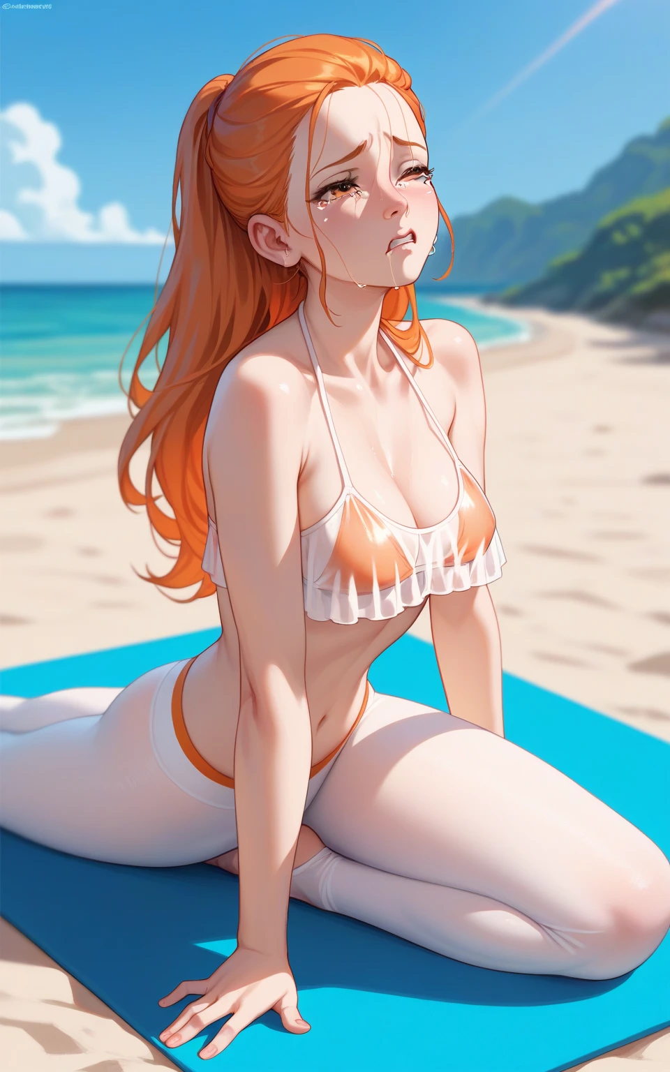 masterpiece, Highest quality, High resolution, Foundation, Long Hair, Animal ears, Ear coverings, White hair band, Horse tail,squatting,spread legs,arms behind head,Sandy Beach,Big Breasts,Looking up from below,Big Butt,Micro bikini, front, effect nipples