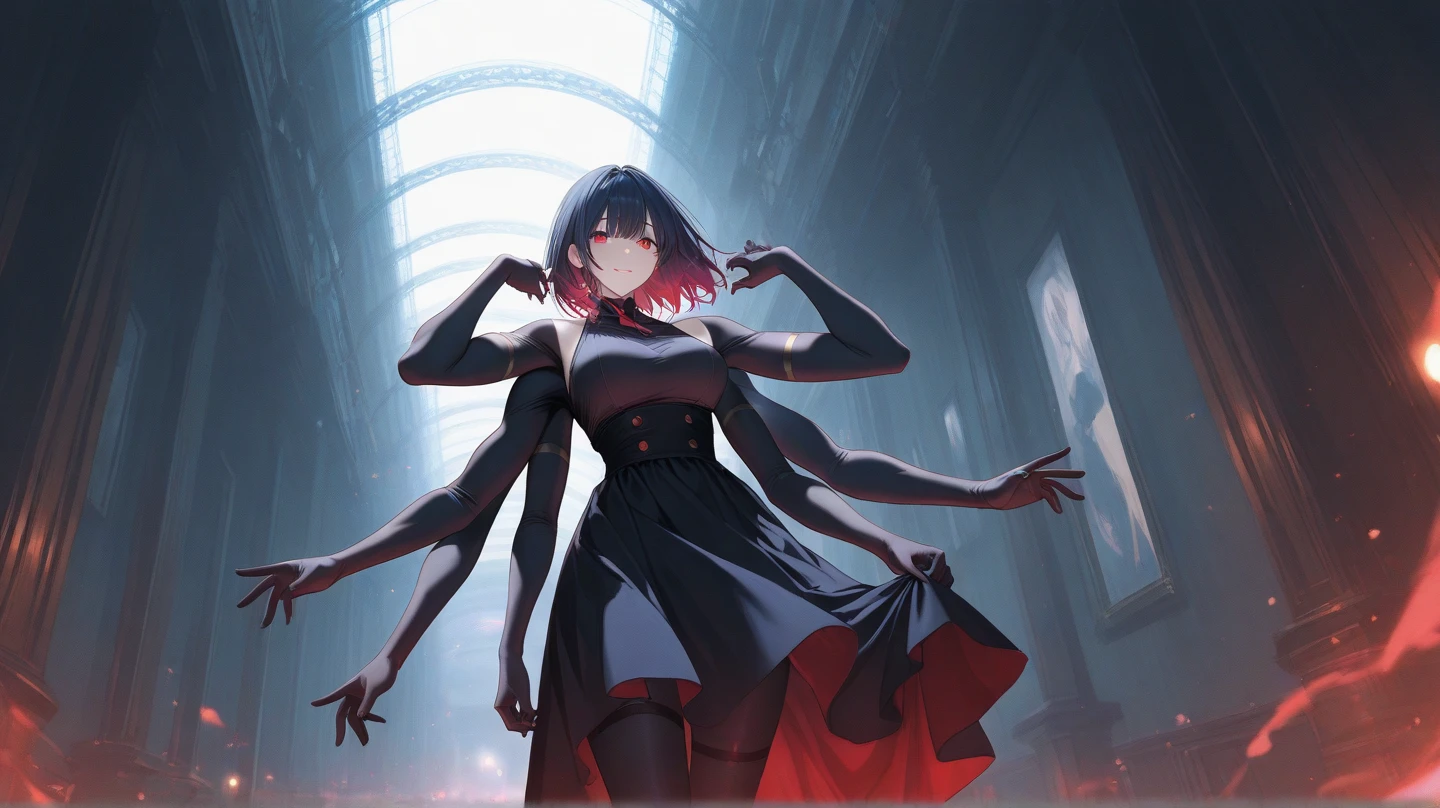 In a dimly lit room, draped in an atmosphere of ominous darkness, a solitary figure is illuminated. The room is painted with a palette of inky blacks, with scattered cobwebs spinning a dance of shadows on the cold, dusty walls. At the center of this chilling scene, a table stands, its surface drenched in a slick sheen of dark blood. A gleaming knife, stained with the same crimson hue, rests atop the table, its blade menacingly pointed towards a pool of the blood. The silence is almost palpable, broken only by the distant echo of a ticking clock, adding an eerie note to the unsett